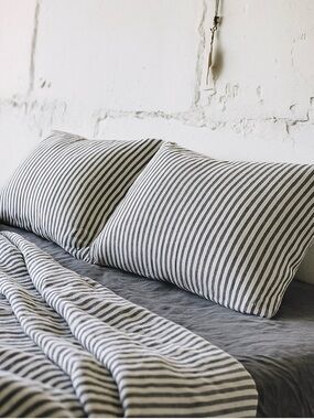 Lenok 100% Euro Linen Striped Gray White Standard Pillowcase Set - Home Bedding